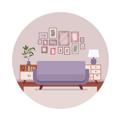 Retro interior in a circle with a sofa, sideboard, pictures. Cartoon vector flat-style illustration