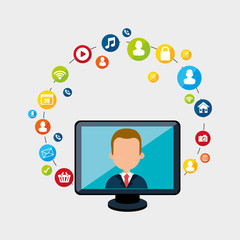 avatar man on computer monitor screen and social media and network  icon set. vector illustration