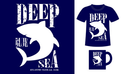 Pattern design concept for printing on T-shirts and souvenirs: title Deep blue sea. Atlantic club 1886 and silhouette shark. Vintage style hand drawn. Vector illustration