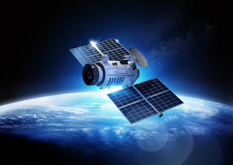 Communications Satellite orbiting and relaying information data back to earth. 3D Illustration.