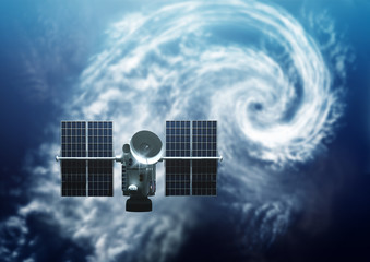 Weather Satellite orbiting Earth. Below A tropical Storm Hurricane is forming  - 3D Illustration. © James Thew