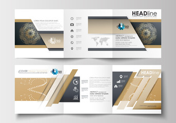 Set of business templates for tri-fold brochures. Square design. Leaflet cover, flat layout. Golden technology background, connection structure with connecting dots and lines, science vector.