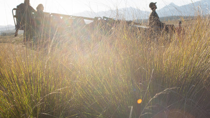 Safari vehicle silhouetted in the afternoon light