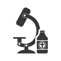 microscope research tool with medicine bootles silhouette. vector illustration