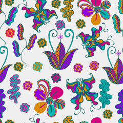 Vector  pattern. light background,  Butterflies,  flowers, leaves  many, multicolor  tribal  texture Abstract Background . seamless pattern