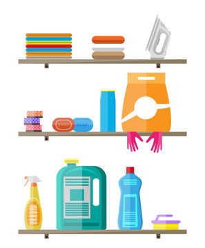 Household products on plastic shelves.
