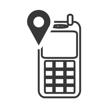 retro mobile phone device with ubication pin icon silhouette. vector illustration
