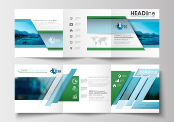 Set of business templates for tri-fold brochures. Square design. Leaflet cover, abstract flat style travel decoration layout, easy editable vector template, colorful blurred natural landscape.