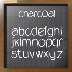 Digital vector charcoal hand drawn alphabet, on a blackboard with grid, flat style