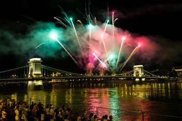 Budapest, Hungary - 20 August 2016: Fireworks from the Chain Bridge during celebrations of St. Stephen's Day.