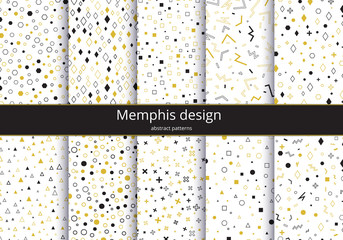 Set of geometric backgrounds. Memphis pattern for design. Abstract graphic backdrop. Chaotic retro art. Kit fashion vector illustrations.
