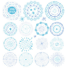 Hand drawing point textures.Burst,wreath,frame.Blue