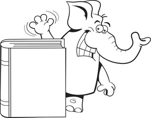 Black and white illustration of an elephant waving behind a book.