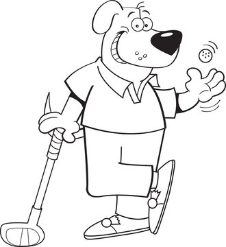 Black and white illustration of a dog playing golf.