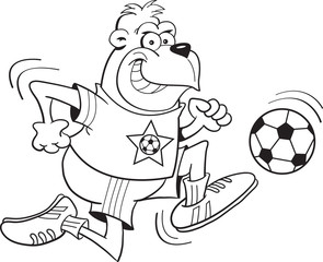 Black and white illustration of a gorilla playing soccer.