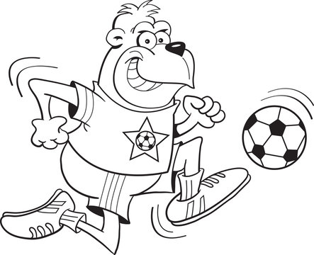 Black and white illustration of a gorilla playing soccer.