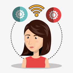 avatar woman with mobile chat and social media icon set. vector illustration