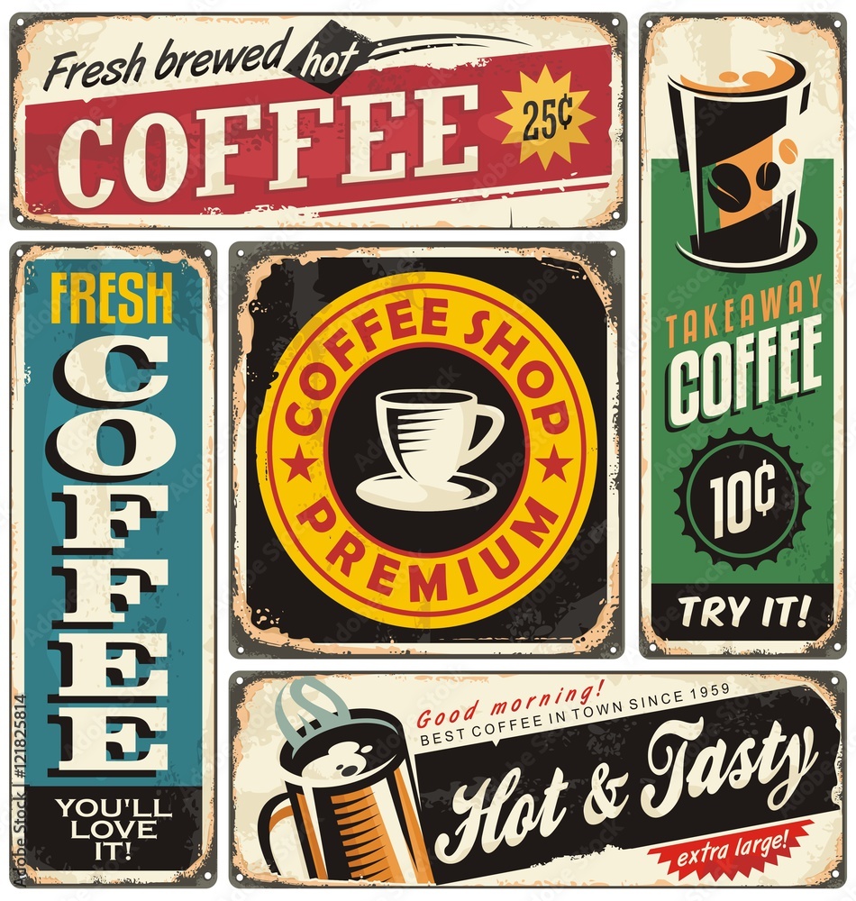 Poster coffee shop retro metal signs collection. vintage coffee label templates.