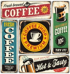 Coffee shop retro metal signs collection. Vintage coffee label templates. 