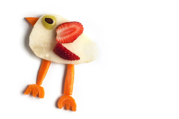 Food art creative concepts. Cute animal made of fruits such as apples and strawberry isolated on white background.