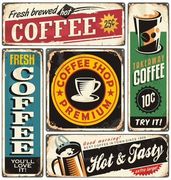 Fototapeta Coffee shop retro metal signs collection. Vintage coffee label templates. 