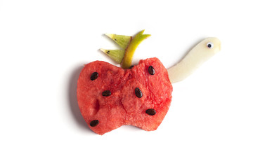 Food art creative concepts. Cute animal made of fruits such as watermelon isolated over a white background.