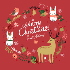 Christmas background. Wreath. Deer with hares and birds