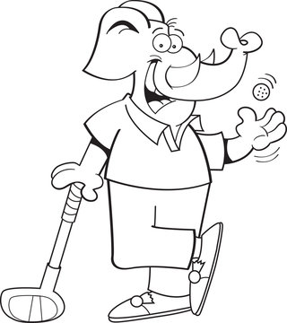 Black and white illustration of an elephant with a golf club.