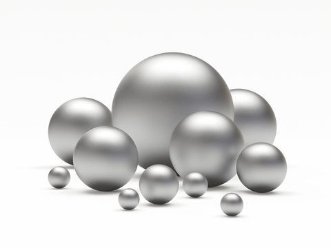 Group of silver spheres of different diameters. 3D illustration