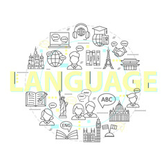 Modern thin line concepts of learning foreign languages, language training school.