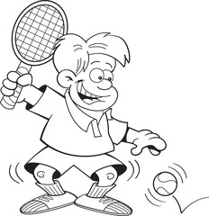 Black and white illustration of a boy playing tennis.