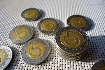 Polish five zloty coins closeup view