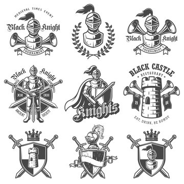 Set of monochrome knights emblems, badges, labels and logos. On white background