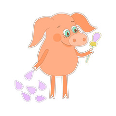 Happy pig with a flower in a hand. Cute piggy in cartoon style