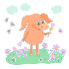 Happy pig with a flower in a hand. Cute cartoon pig sticker.