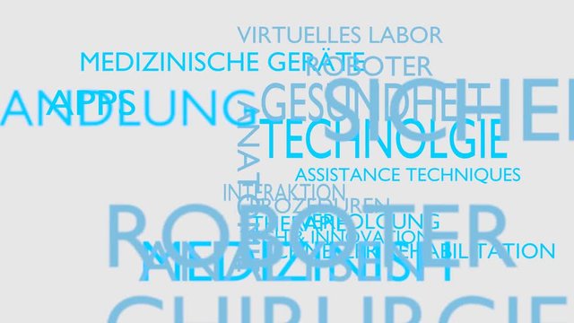 Health technology word tag cloud - white, German variant, 3D rendering, UHD