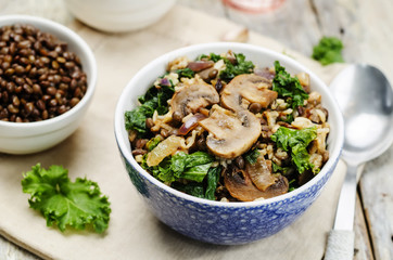 Kale green lentils mushrooms fried white and wild rice