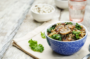 Fototapeta na wymiar Kale green lentils mushrooms fried white and wild rice