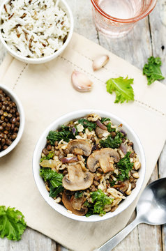 Kale green lentils mushrooms fried white and wild rice