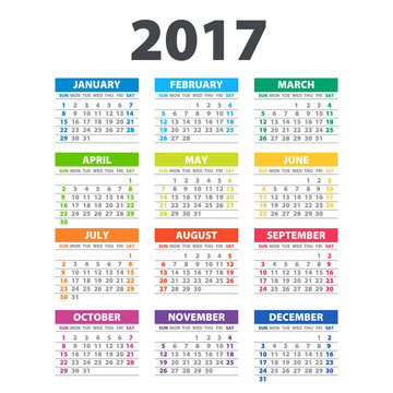 2017 Calendar - illustration Vector template of color 2017 calendar