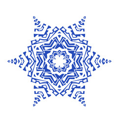 Hand-drawn doodles natural blue color snowflake. Zentangle mandala style.