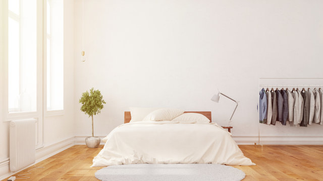 Schlafzimmer mit Doppelbett vor Wand