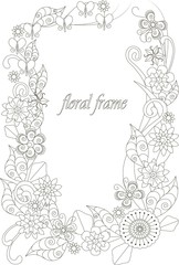 Floral hand drawn frame for coloring book, anti-stress vector illustration