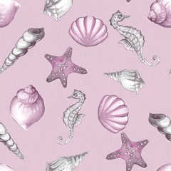 Hand drawn watercolor seamless pattern with seashells 1