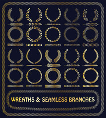 Wreaths, branches and seamless foliage patterns. Vector illustration.
