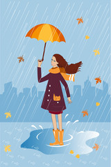 Pretty girl with a cat in pocket under umbrella. Rain background