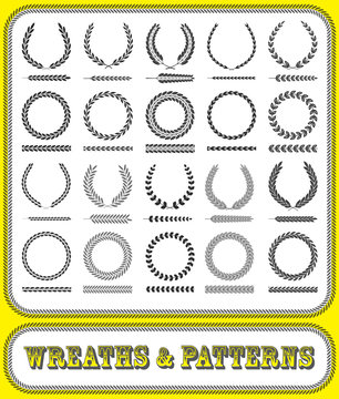 Wreaths, branches and seamless foliage patterns. Vector illustration.