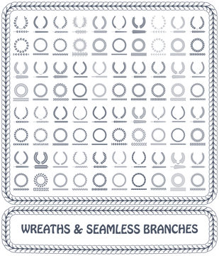 Wreaths, branches and seamless foliage patterns. Vector illustration.