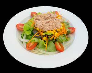 Tuna salad with lettuce and tomatoes isolated on the black background with clipping path