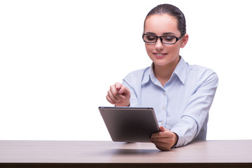 Businesswoman working tablet computer on white background